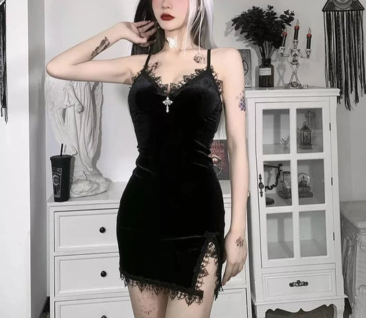 Dark Crossover Black Dress, Vintage, Sexy, Evening Dress