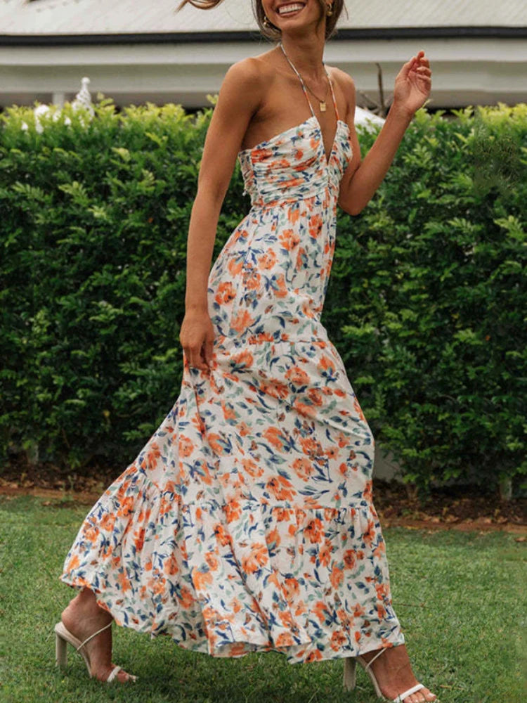 Summer Dress Floral Maxi Dress Boho Backless Dress